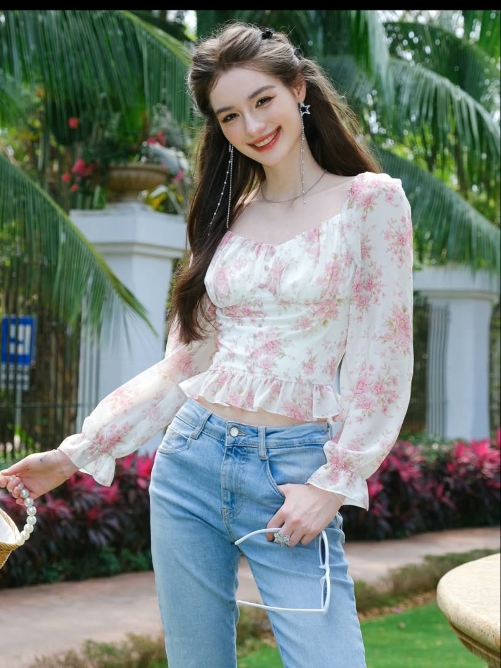 Floral Pink Long-Sleeve Ruffled Peplum Top